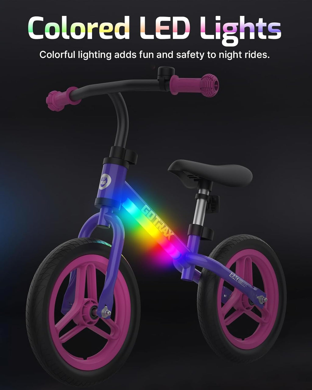 Balance Bike for Kids Ages 2–5, 12" Toddler Bike with LED Light & Bell, Adjustable Seat & Handlebar, Lightweight No-Pedal Design with Flat-Free Tires, Easy Assembly, Great Gift for Boys and Girls