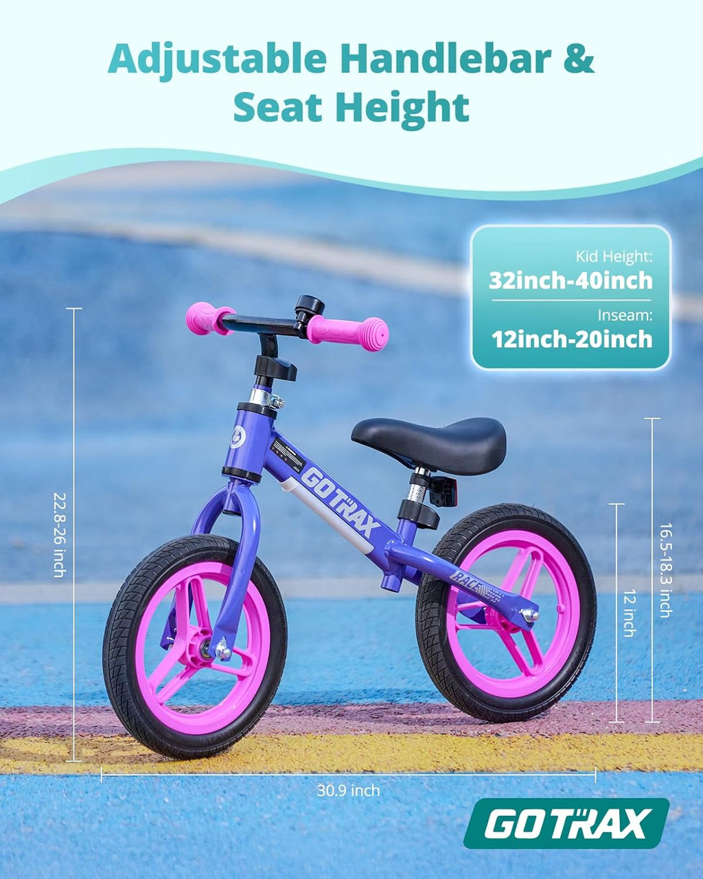 Balance Bike for Kids Ages 2–5, 12" Toddler Bike with LED Light & Bell, Adjustable Seat & Handlebar, Lightweight No-Pedal Design with Flat-Free Tires, Easy Assembly, Great Gift for Boys and Girls