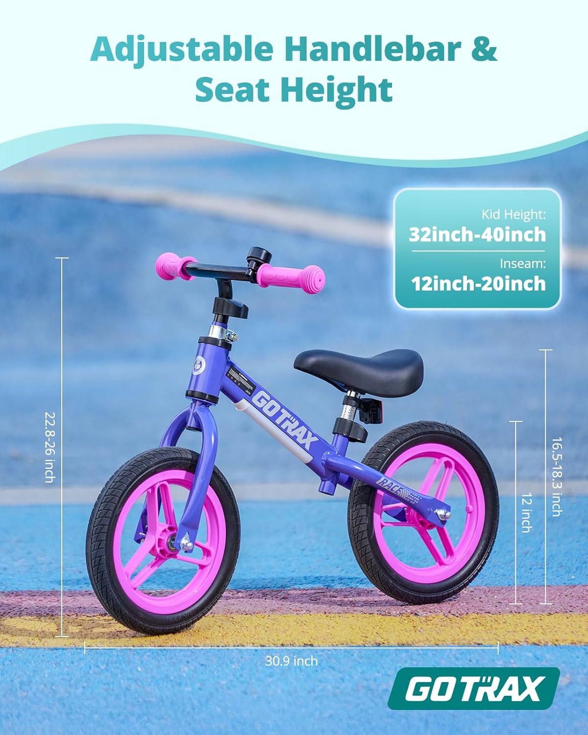 Balance Bike for Kids Ages 2–5, 12" Toddler Bike with LED Light & Bell, Adjustable Seat & Handlebar, Lightweight No-Pedal Design with Flat-Free Tires, Easy Assembly, Great Gift for Boys and Girls
