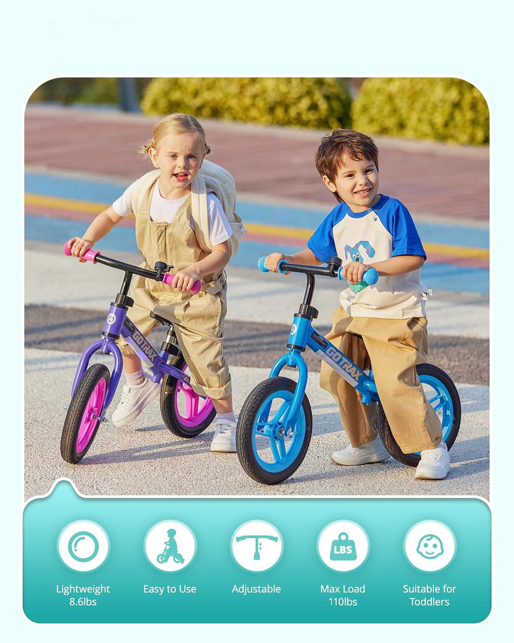 Balance Bike for Kids Ages 2–5, 12" Toddler Bike with LED Light & Bell, Adjustable Seat & Handlebar, Lightweight No-Pedal Design with Flat-Free Tires, Easy Assembly, Great Gift for Boys and Girls