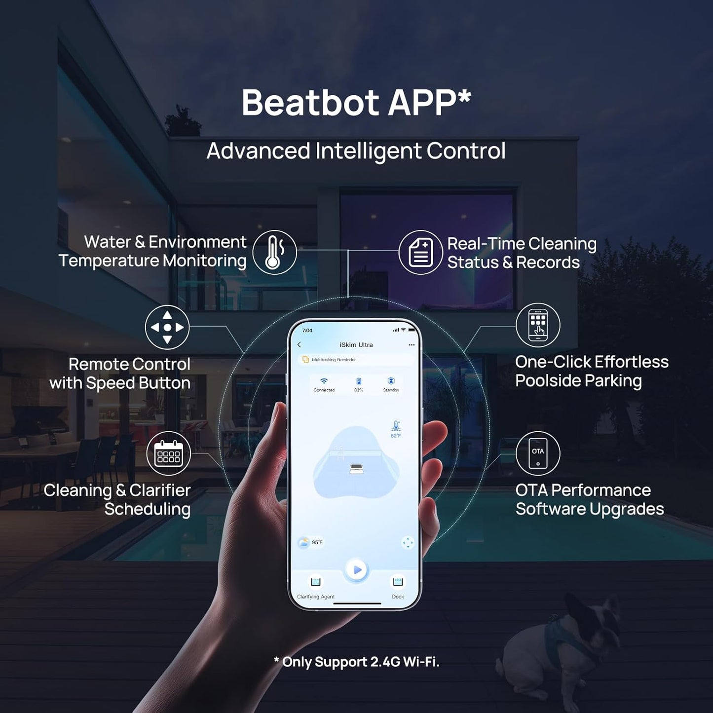 Beatbot iSkim Ultra Solar Powered Robotic Pool Skimmer, Pool Surface Cleaner Robot, Dual Charging Options, Water Clarification, Edge & Corner Cleaning, S-Path Optimization, App Control, Ocean Blue