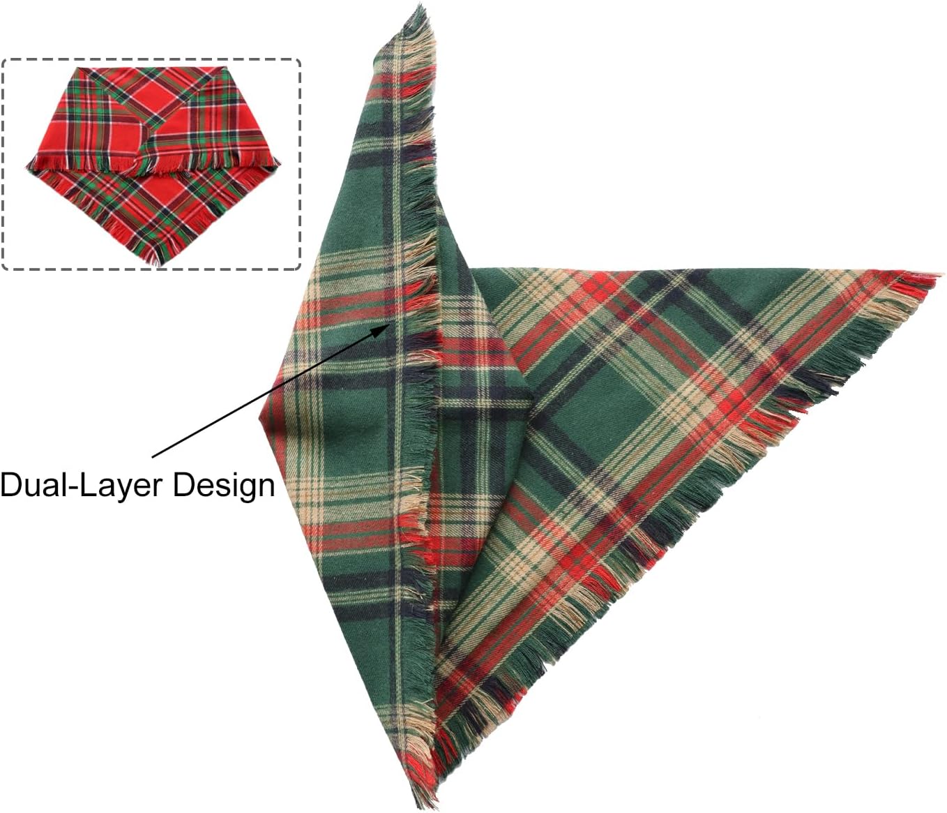 2PCS Christmas Dog Bandanas – Reversible Plaid with Tassels, Holiday Triangle Scarf for Boys & Girls, Classic Red-Green Winter Pet Outfit for Medium to Large Dogs