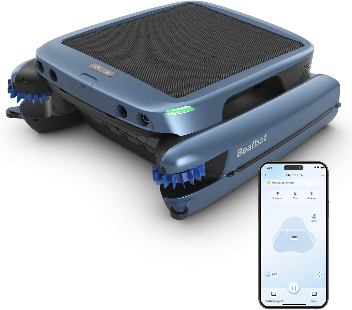 Beatbot iSkim Ultra Solar Powered Robotic Pool Skimmer, Pool Surface Cleaner Robot, Dual Charging Options, Water Clarification, Edge & Corner Cleaning, S-Path Optimization, App Control, Ocean Blue