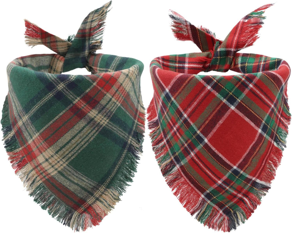2PCS Christmas Dog Bandanas – Reversible Plaid with Tassels, Holiday Triangle Scarf for Boys & Girls, Classic Red-Green Winter Pet Outfit for Medium to Large Dogs