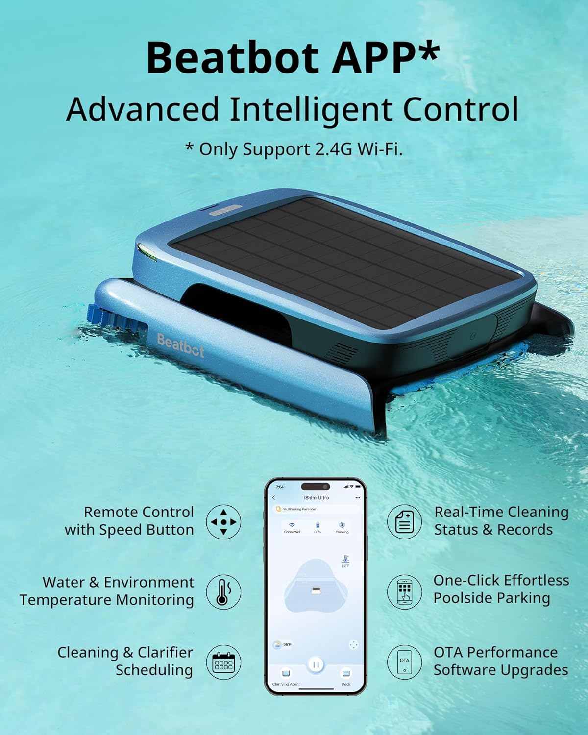Beatbot iSkim Ultra Solar Powered Robotic Pool Skimmer, Pool Surface Cleaner Robot, Dual Charging Options, Water Clarification, Edge & Corner Cleaning, S-Path Optimization, App Control, Ocean Blue
