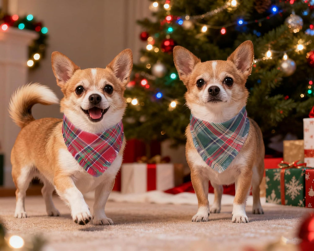2PCS Christmas Dog Bandanas – Reversible Plaid with Tassels, Holiday Triangle Scarf for Boys & Girls, Classic Red-Green Winter Pet Outfit for Medium to Large Dogs