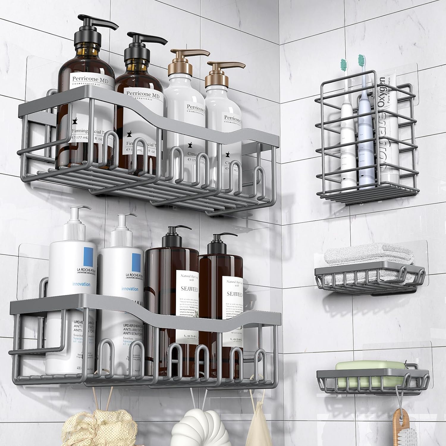 5-Pack Adhesive Shower Caddy Set, Rustproof Stainless Steel Bathroom Shelves with Large Capacity, No-Drill Wall Mount Organizers for Bathroom Storage and Home Décor