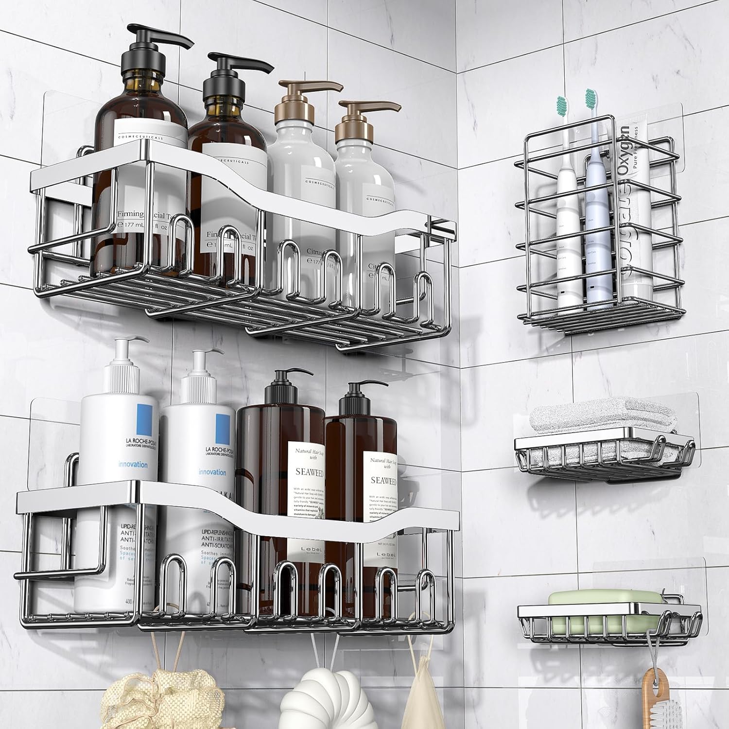 5-Pack Adhesive Shower Caddy Set, Rustproof Stainless Steel Bathroom Shelves with Large Capacity, No-Drill Wall Mount Organizers for Bathroom Storage and Home Décor
