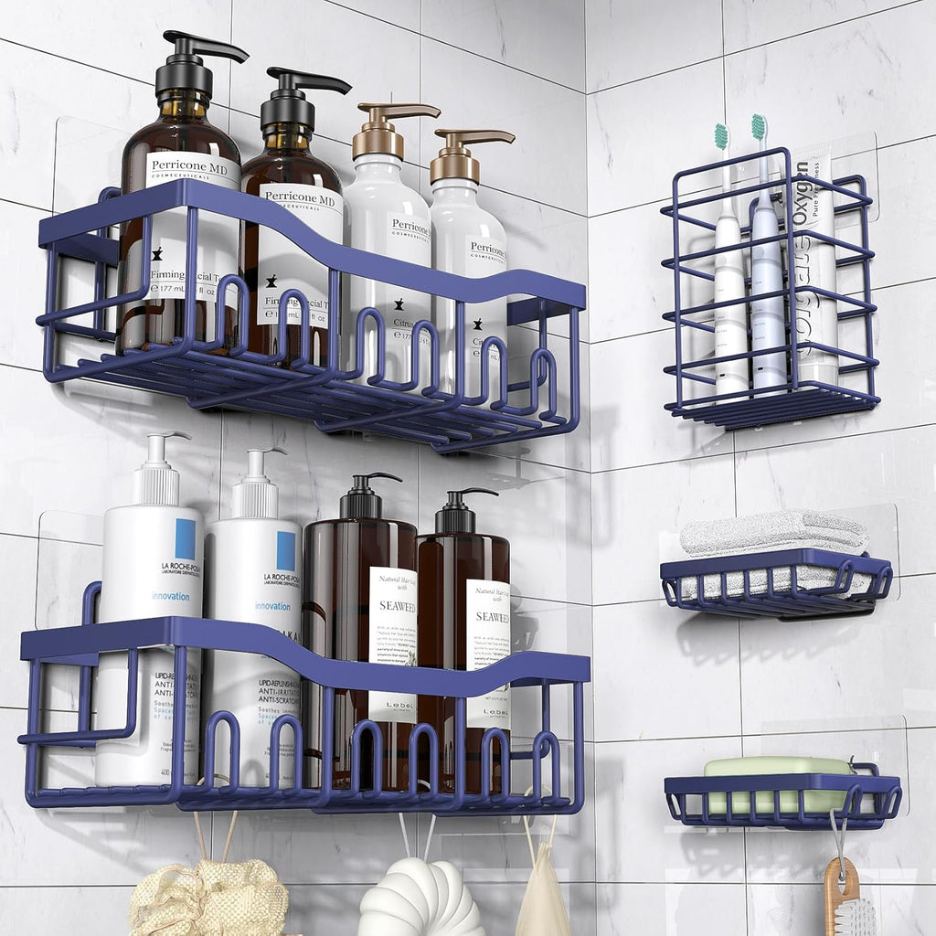 5-Pack Adhesive Shower Caddy Set, Rustproof Stainless Steel Bathroom Shelves with Large Capacity, No-Drill Wall Mount Organizers for Bathroom Storage and Home Décor