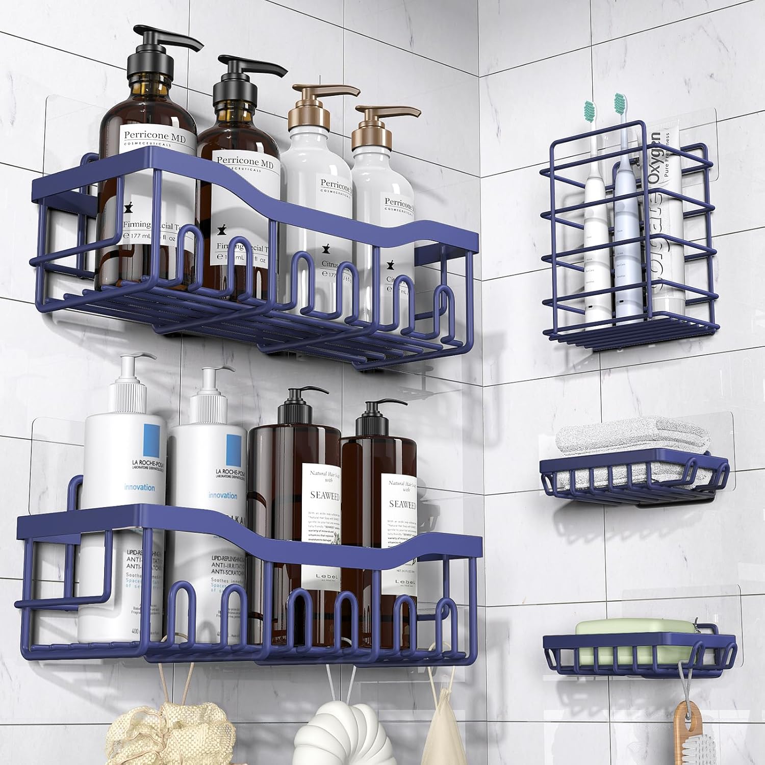 5-Pack Adhesive Shower Caddy Set, Rustproof Stainless Steel Bathroom Shelves with Large Capacity, No-Drill Wall Mount Organizers for Bathroom Storage and Home Décor