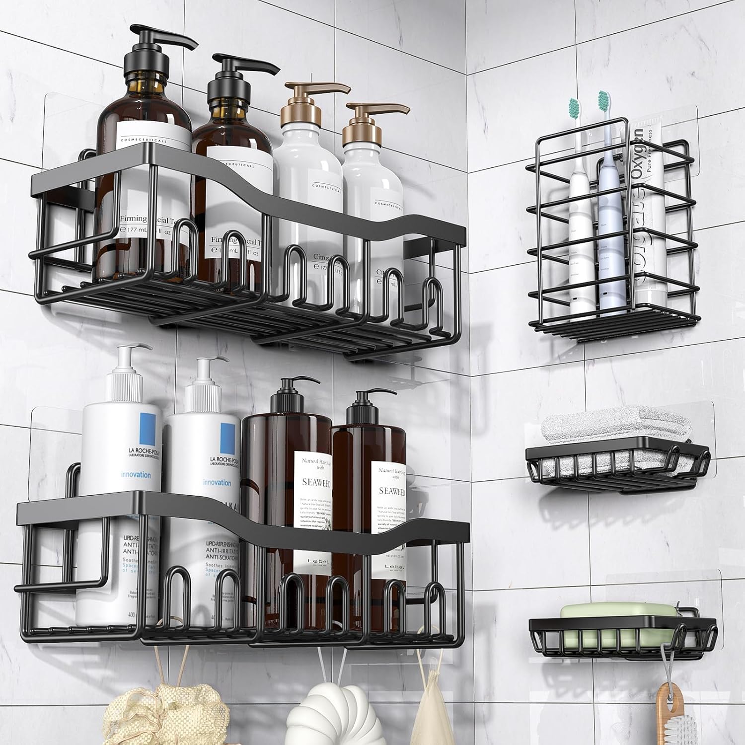 5-Pack Adhesive Shower Caddy Set, Rustproof Stainless Steel Bathroom Shelves with Large Capacity, No-Drill Wall Mount Organizers for Bathroom Storage and Home Décor