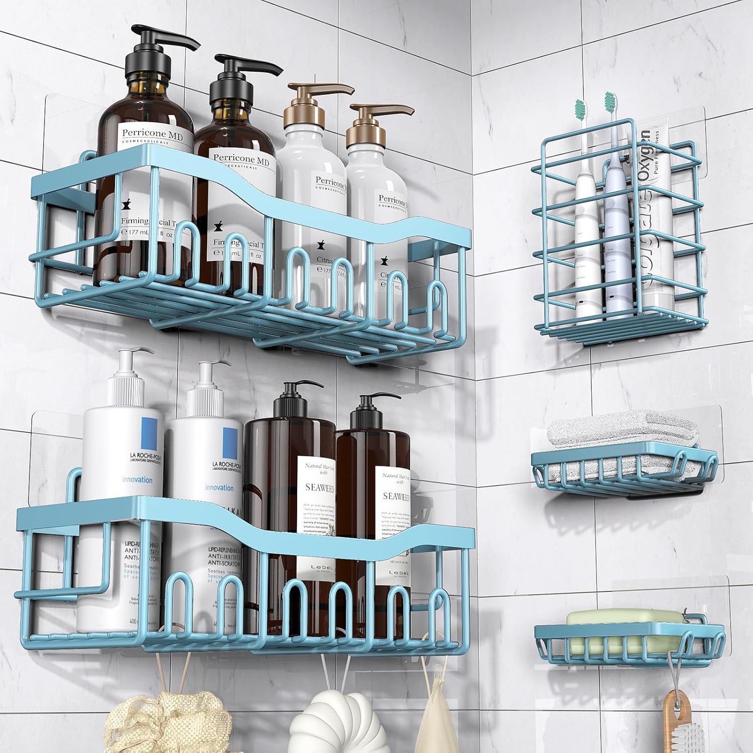 5-Pack Adhesive Shower Caddy Set, Rustproof Stainless Steel Bathroom Shelves with Large Capacity, No-Drill Wall Mount Organizers for Bathroom Storage and Home Décor