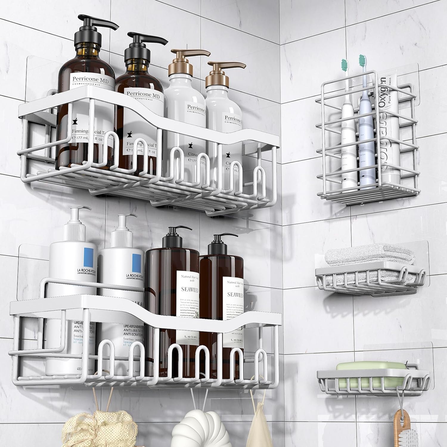 5-Pack Adhesive Shower Caddy Set, Rustproof Stainless Steel Bathroom Shelves with Large Capacity, No-Drill Wall Mount Organizers for Bathroom Storage and Home Décor