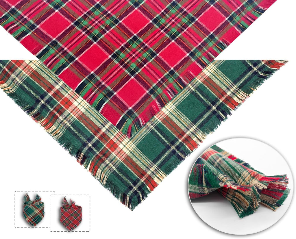 2PCS Christmas Dog Bandanas – Reversible Plaid with Tassels, Holiday Triangle Scarf for Boys & Girls, Classic Red-Green Winter Pet Outfit for Medium to Large Dogs