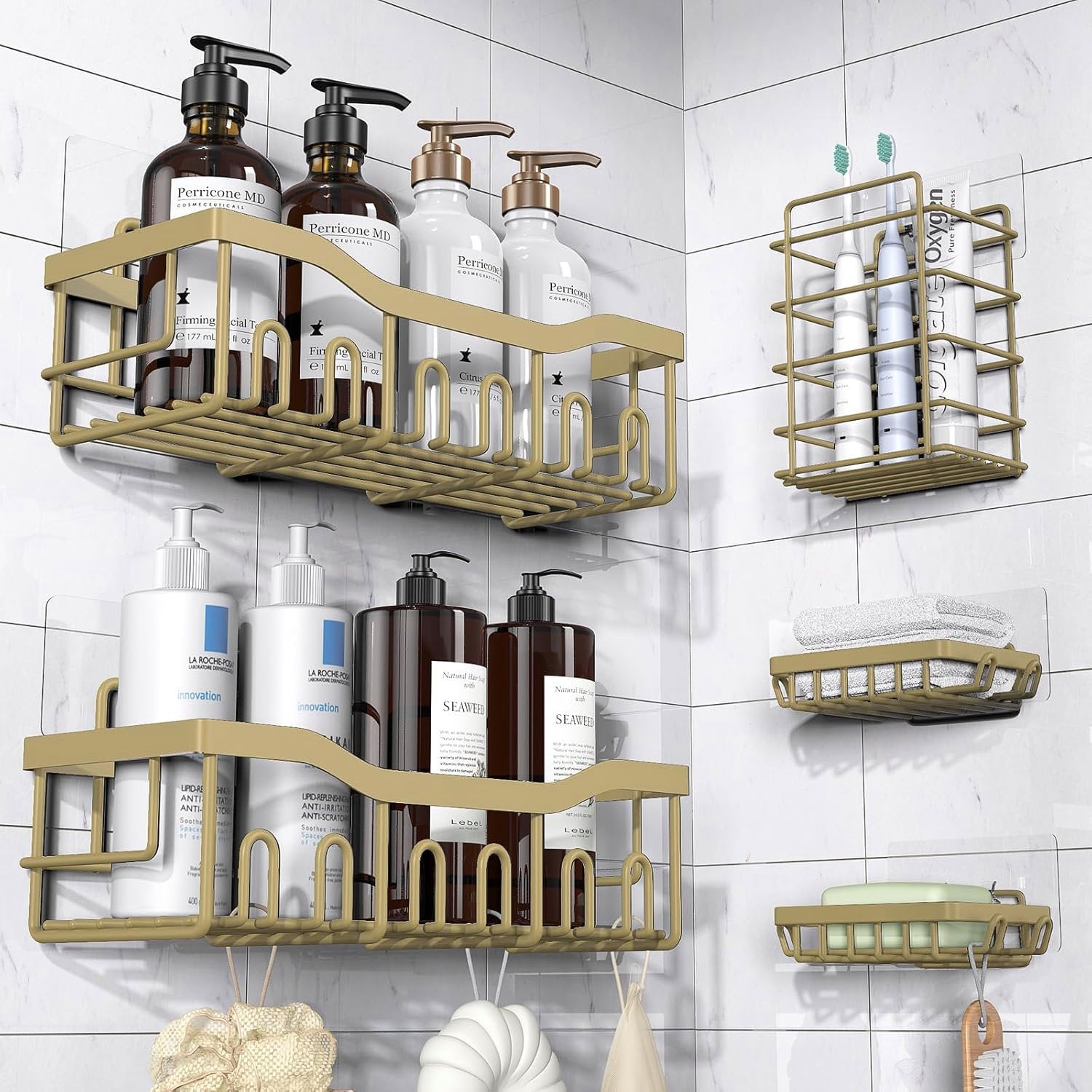 5-Pack Adhesive Shower Caddy Set, Rustproof Stainless Steel Bathroom Shelves with Large Capacity, No-Drill Wall Mount Organizers for Bathroom Storage and Home Décor