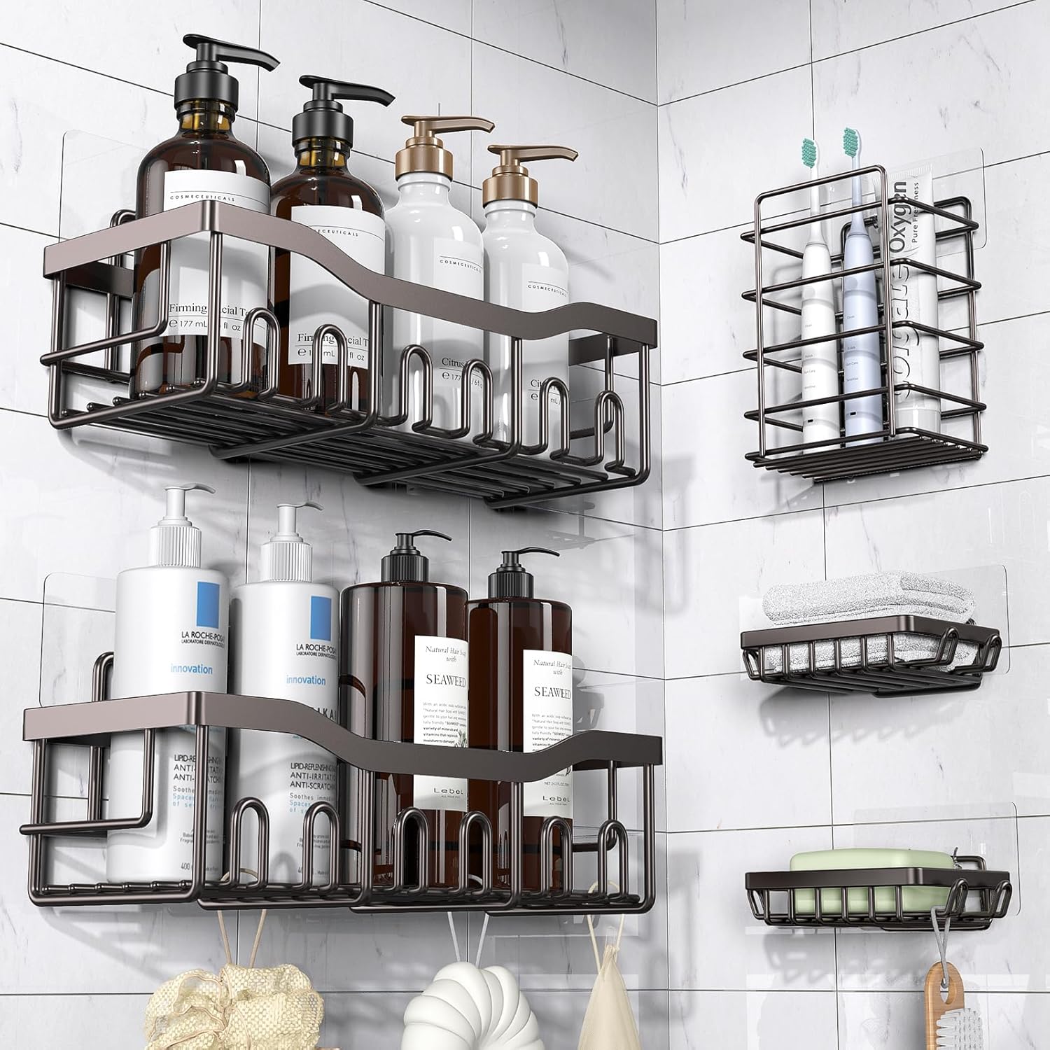 5-Pack Adhesive Shower Caddy Set, Rustproof Stainless Steel Bathroom Shelves with Large Capacity, No-Drill Wall Mount Organizers for Bathroom Storage and Home Décor