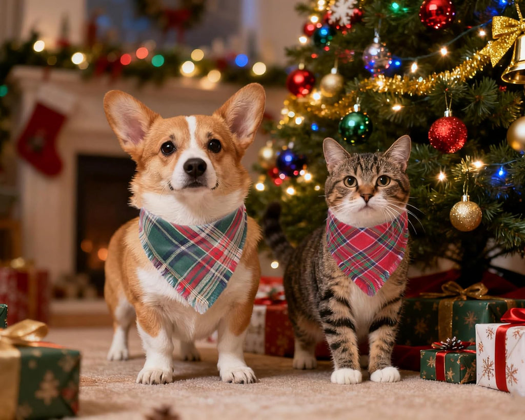 2PCS Christmas Dog Bandanas – Reversible Plaid with Tassels, Holiday Triangle Scarf for Boys & Girls, Classic Red-Green Winter Pet Outfit for Medium to Large Dogs